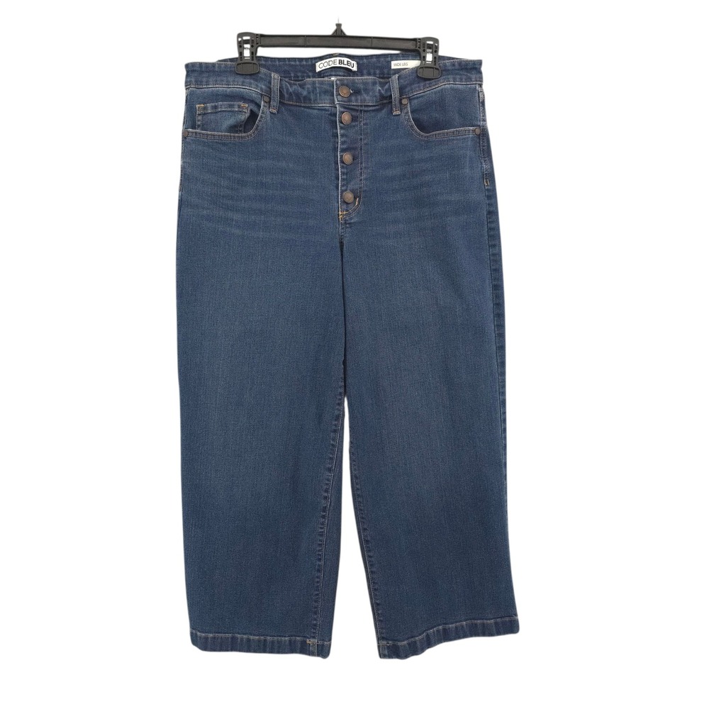 Code Bleu Blue Wide Leg Jeans Crop High Rise Button Fly Stretch Womens 14